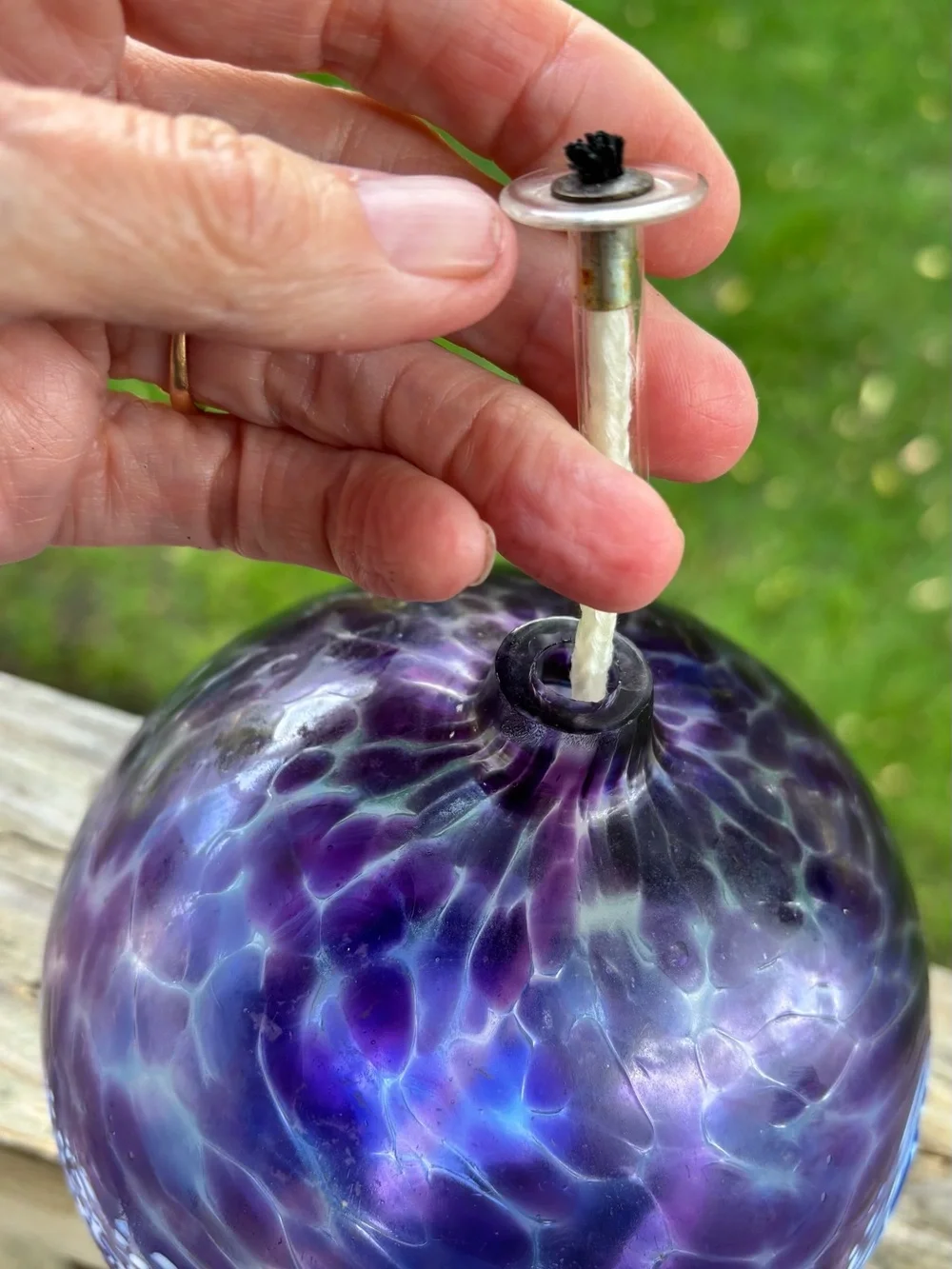 Hand Blown Canadian Glass Oil Lamp Purple/Blue Swirl Crackle Finish Vtg